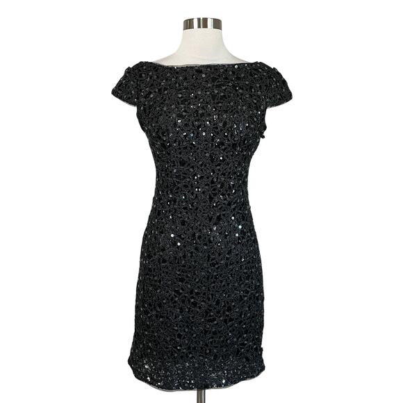 Adrianna Papell Black Sequined Cocktail Dress Size 10P Short Sleeve Mini Sheath - Picture 1 of 14